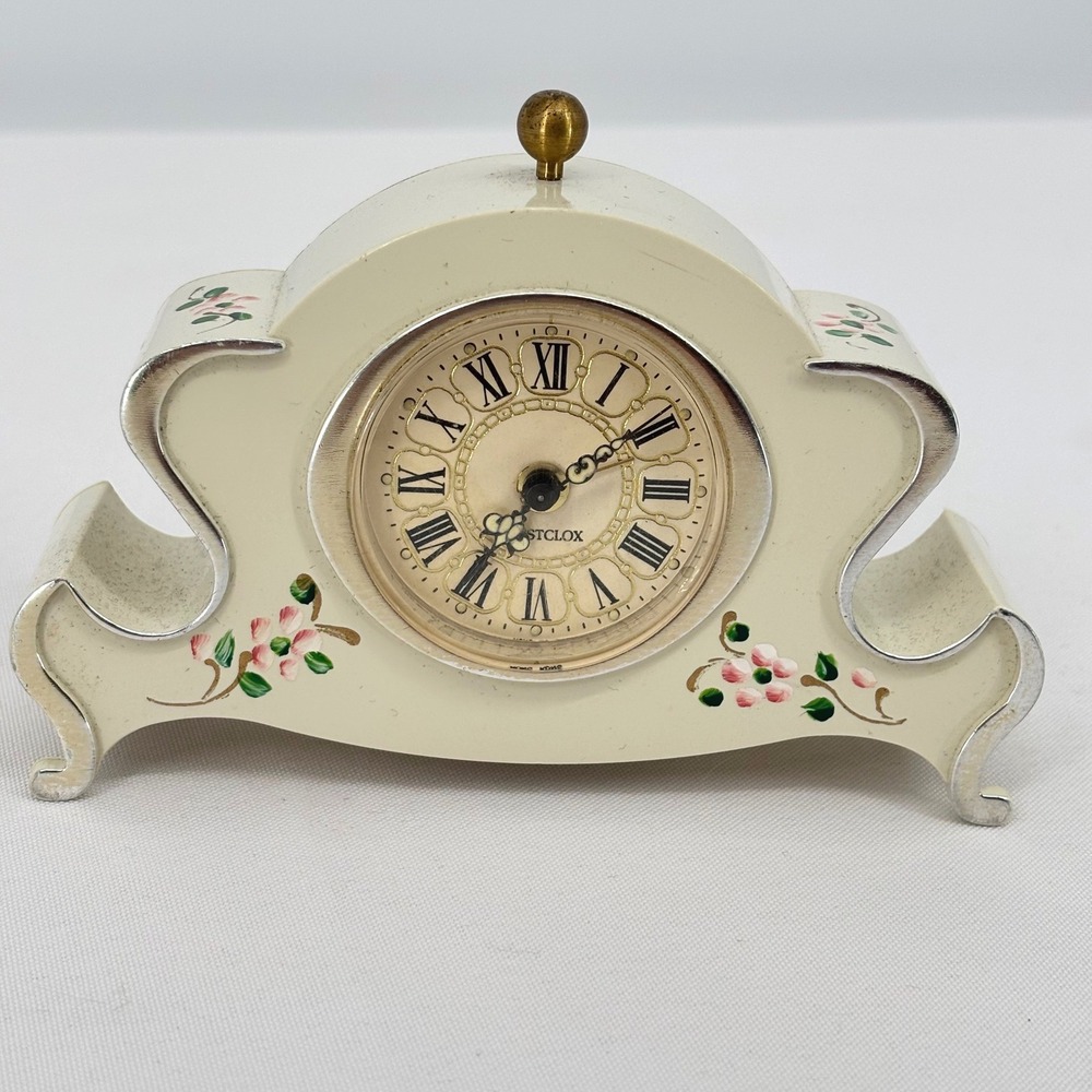Vintage Westclox Floral Mechanical Alarm Clock Cream Mantel Style Model 12120
